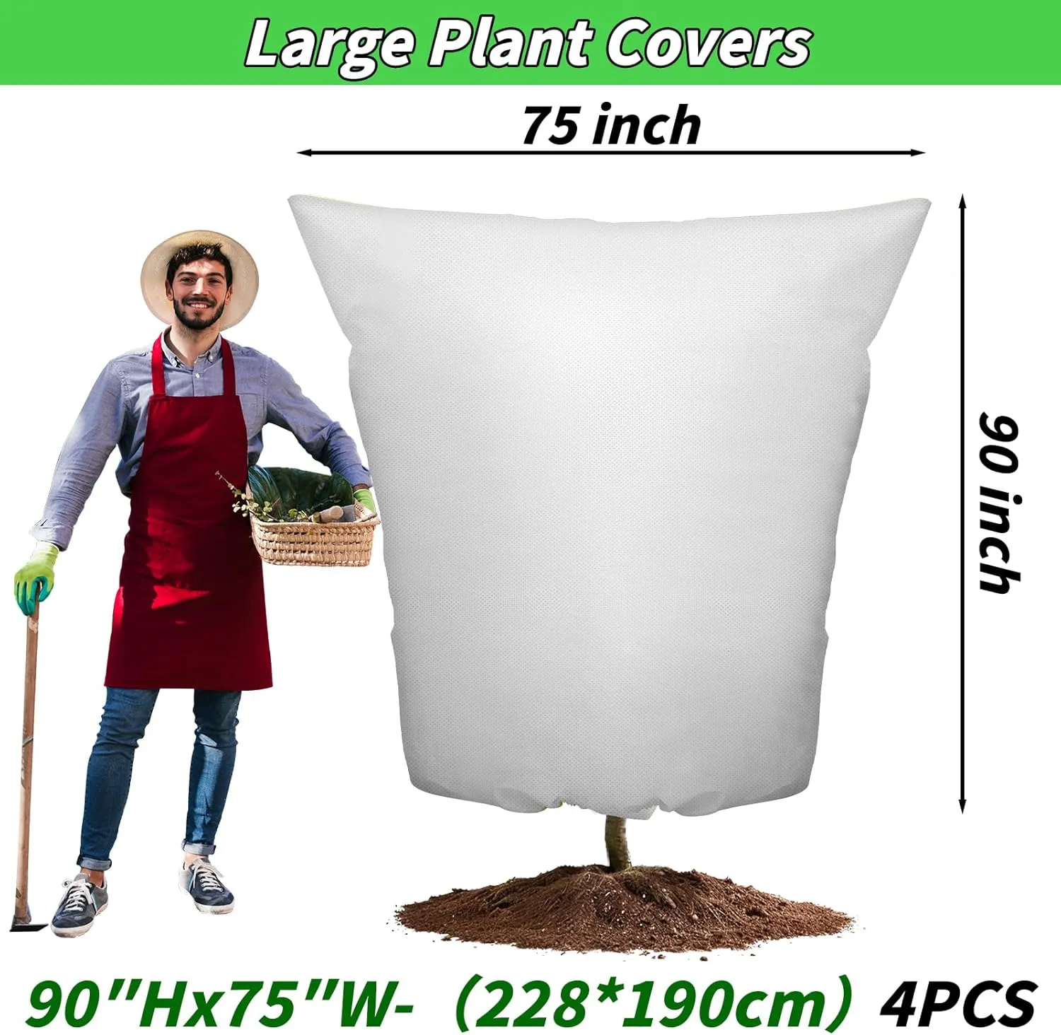 4PCS Large Plant Covers Freeze Protection 2.2oz Reusable Winter Frost Cloth Plant Protection Jacket Cover Bags Frost Blankets, for Shrub Trees Outdoor Plants Fruit Tree Potted, 75" W x 90" H