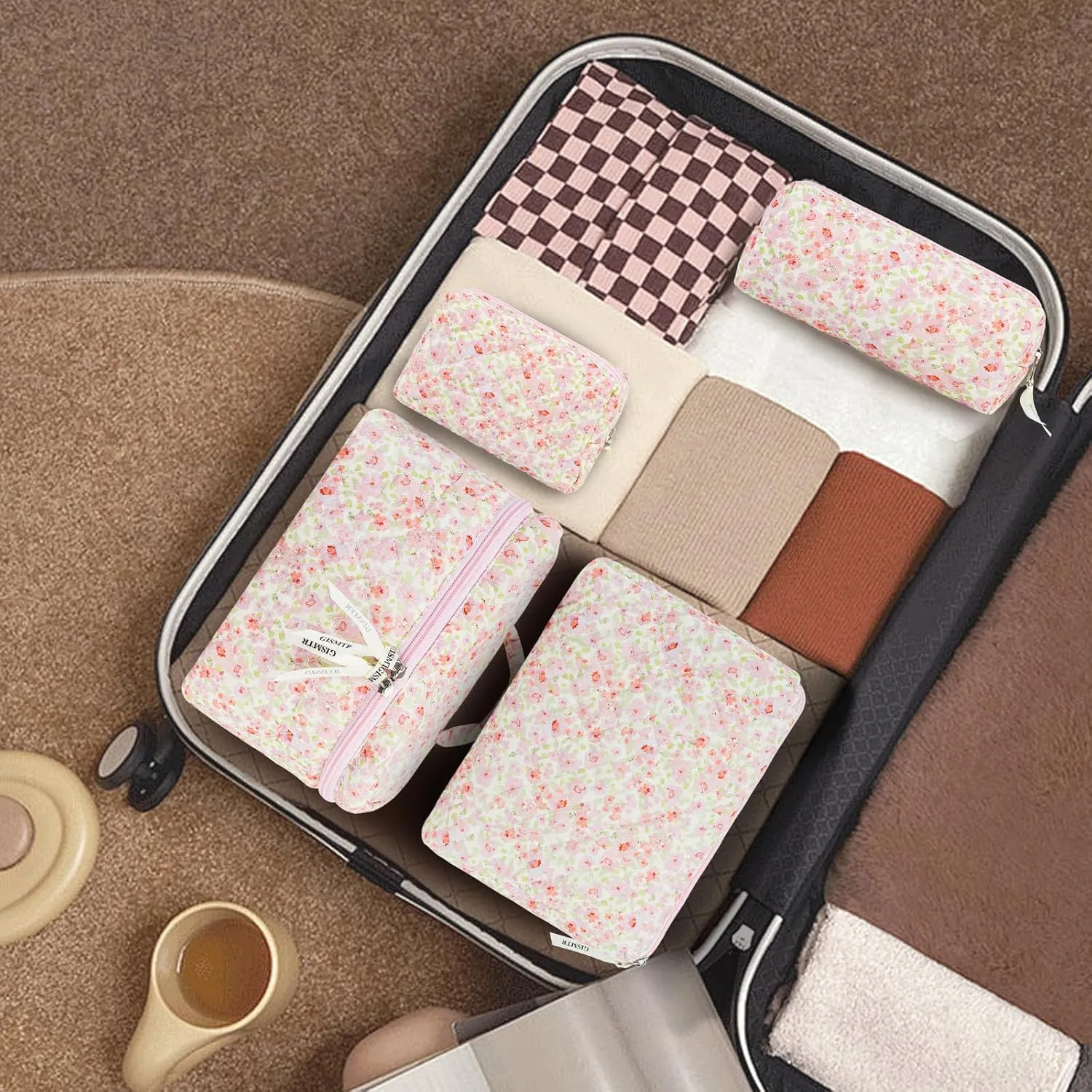 4Pcs Quilted Makeup Bag Set Cute Floral Cosmetic Bag Cotton Coquette Make up Bag Aesthetic Travel Toiletry Bag for Women Girls
