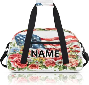 4th of July Patriotic Custom Small Gym Bag 18 inch for Women Men Personalized 4th of July Flower Carry On Overnight Weekender Bag for Travel Work Dance Sport