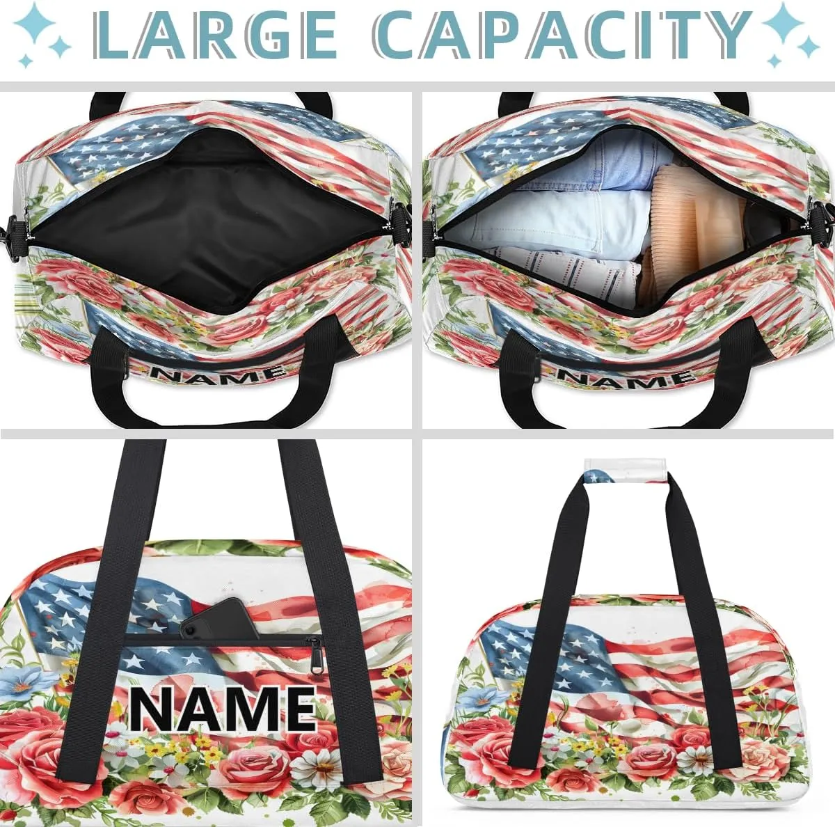 4th of July Patriotic Custom Small Gym Bag 18 inch for Women Men Personalized 4th of July Flower Carry On Overnight Weekender Bag for Travel Work Dance Sport