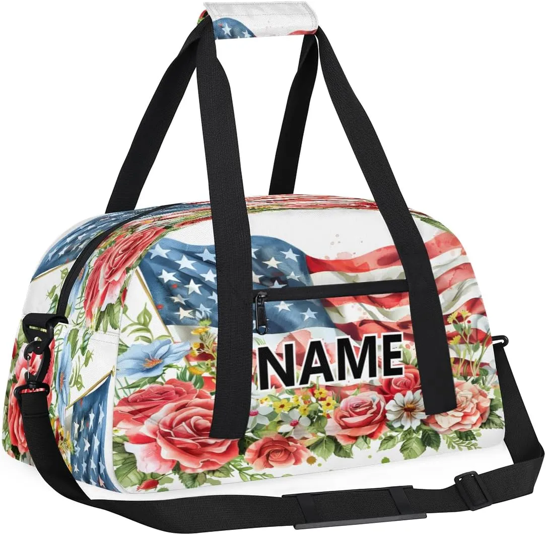 4th of July Patriotic Custom Small Gym Bag 18 inch for Women Men Personalized 4th of July Flower Carry On Overnight Weekender Bag for Travel Work Dance Sport