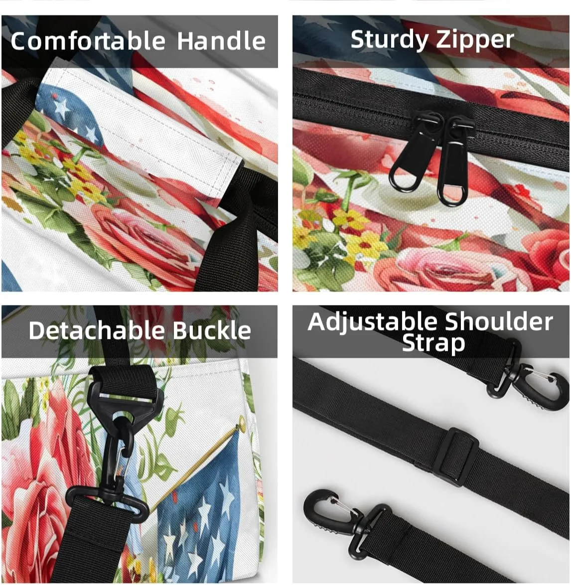 4th of July Patriotic Custom Small Gym Bag 18 inch for Women Men Personalized 4th of July Flower Carry On Overnight Weekender Bag for Travel Work Dance Sport