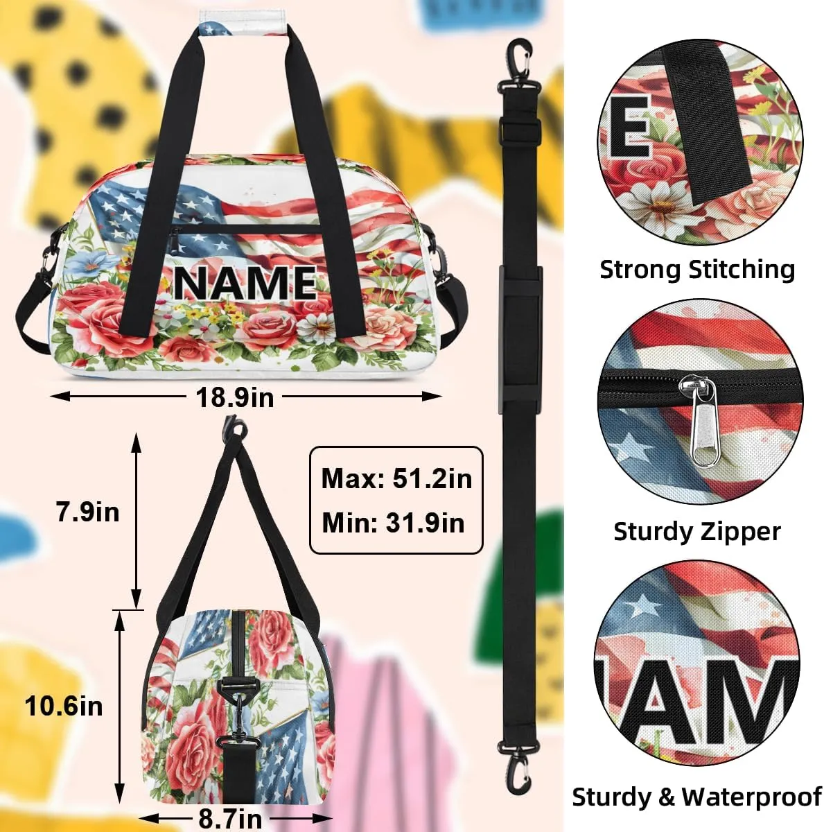 4th of July Patriotic Custom Small Gym Bag 18 inch for Women Men Personalized 4th of July Flower Carry On Overnight Weekender Bag for Travel Work Dance Sport