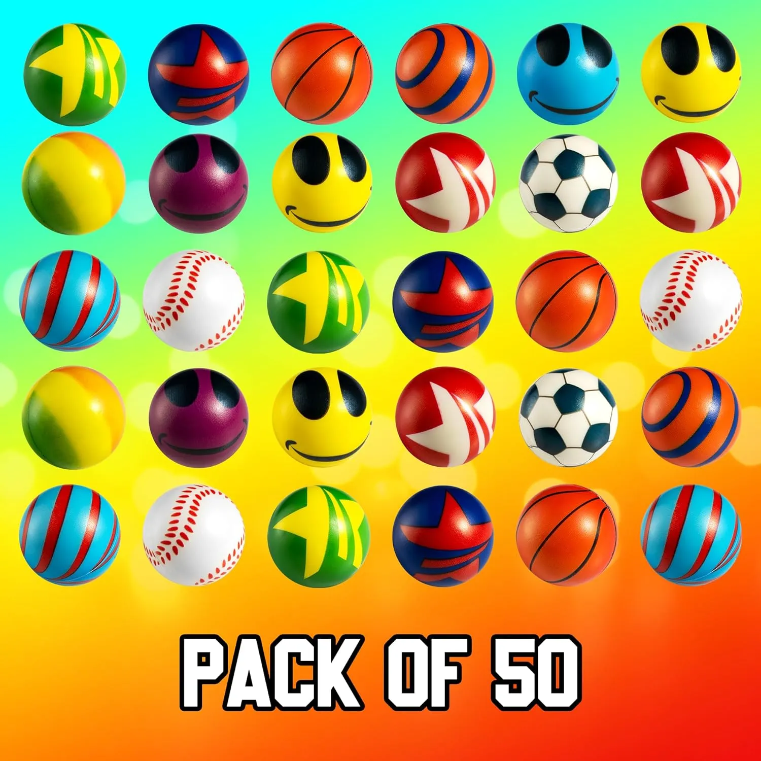50 Mini Stress Balls for Kids and Adults - Bulk 2 Inch Assorted Soft Stress Relief Balls, Sensory Fidget Toys, Party Favors, Birthday Gifts, Goodie Bags and Stocking Stuffers for Kids