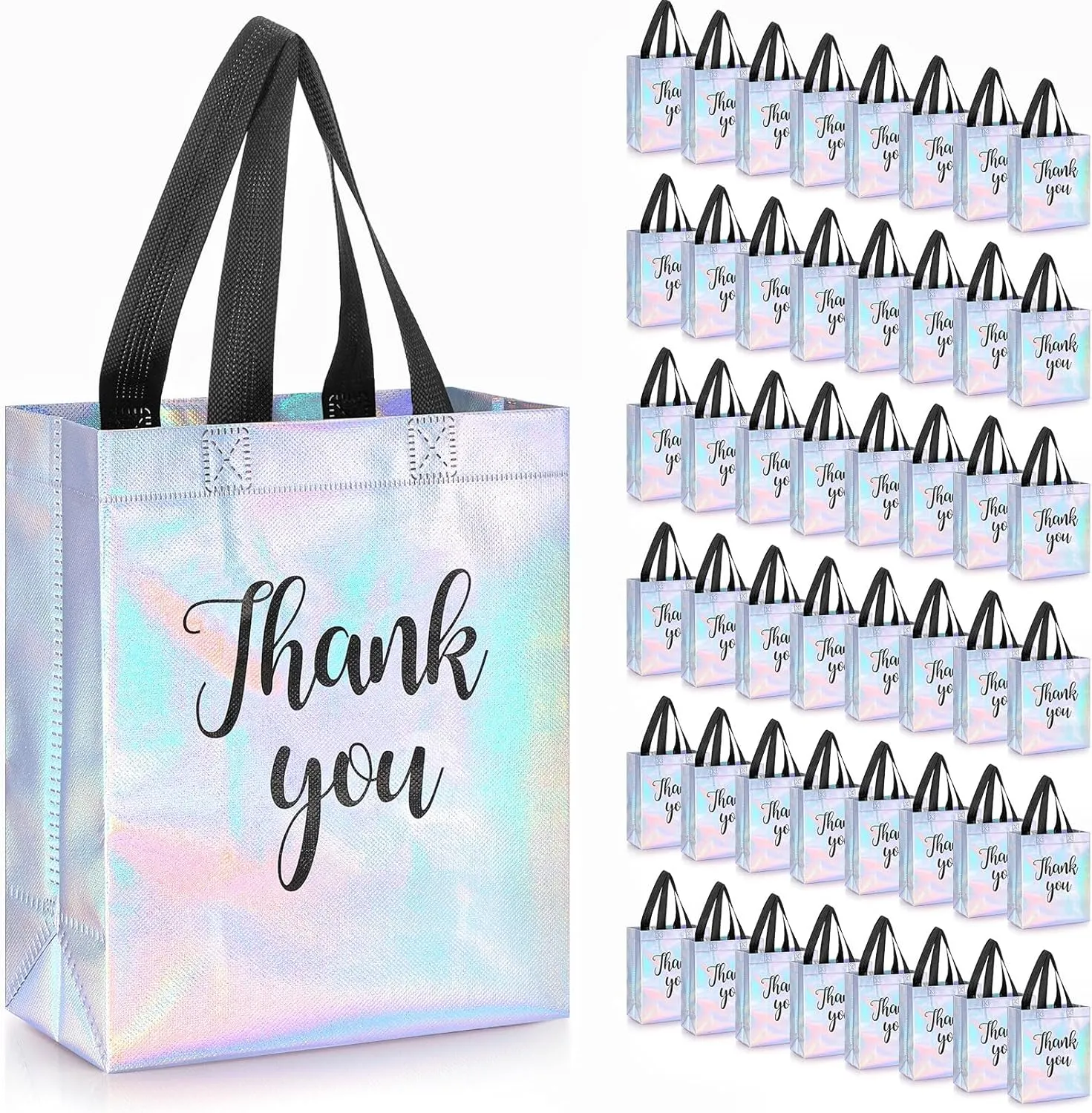 50 Pcs Glossy Thank You Gift Bag with Handles 8 x 4 x 10 Inch Non Woven Reusable Gift Bags with Glossy Finish for Wedding Birthday Parties Engagements Anniversaries Holiday(Holographic)