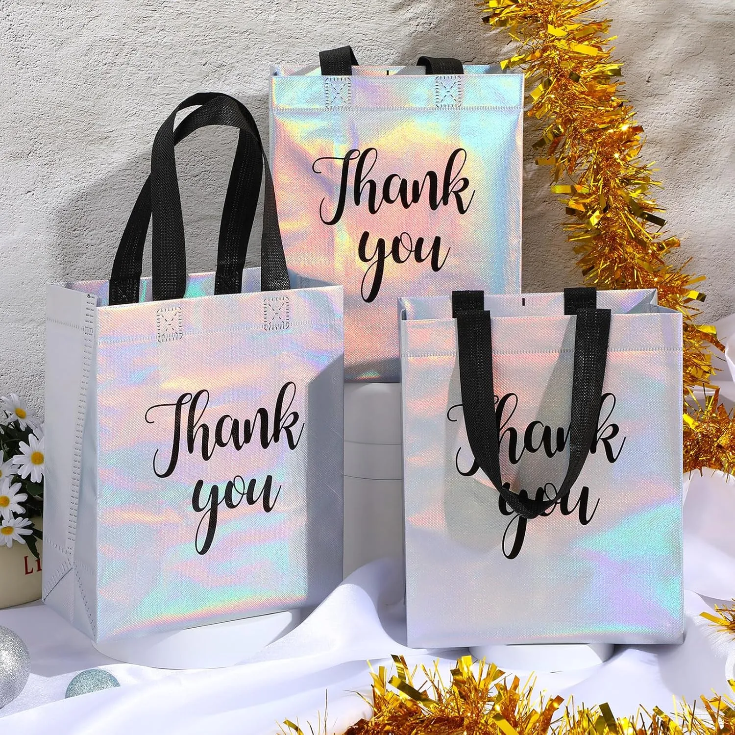 50 Pcs Glossy Thank You Gift Bag with Handles 8 x 4 x 10 Inch Non Woven Reusable Gift Bags with Glossy Finish for Wedding Birthday Parties Engagements Anniversaries Holiday(Holographic)