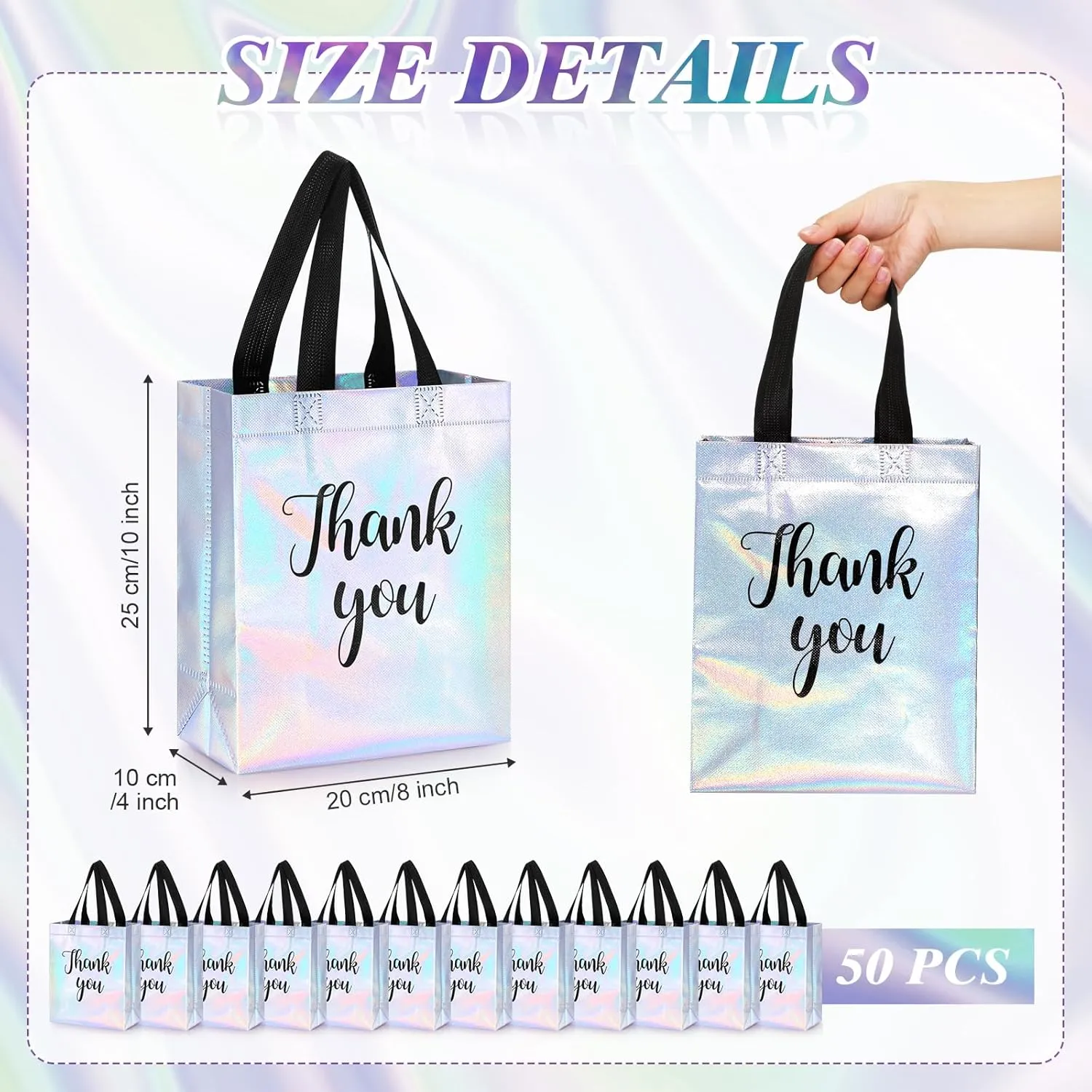 50 Pcs Glossy Thank You Gift Bag with Handles 8 x 4 x 10 Inch Non Woven Reusable Gift Bags with Glossy Finish for Wedding Birthday Parties Engagements Anniversaries Holiday(Holographic)