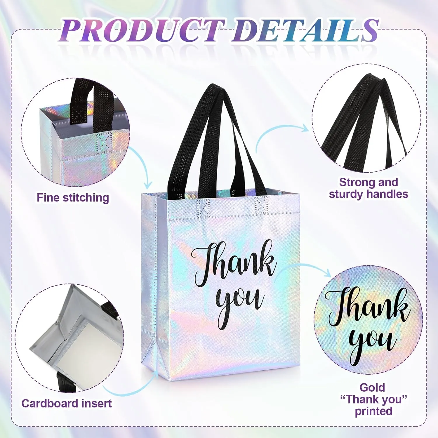 50 Pcs Glossy Thank You Gift Bag with Handles 8 x 4 x 10 Inch Non Woven Reusable Gift Bags with Glossy Finish for Wedding Birthday Parties Engagements Anniversaries Holiday(Holographic)