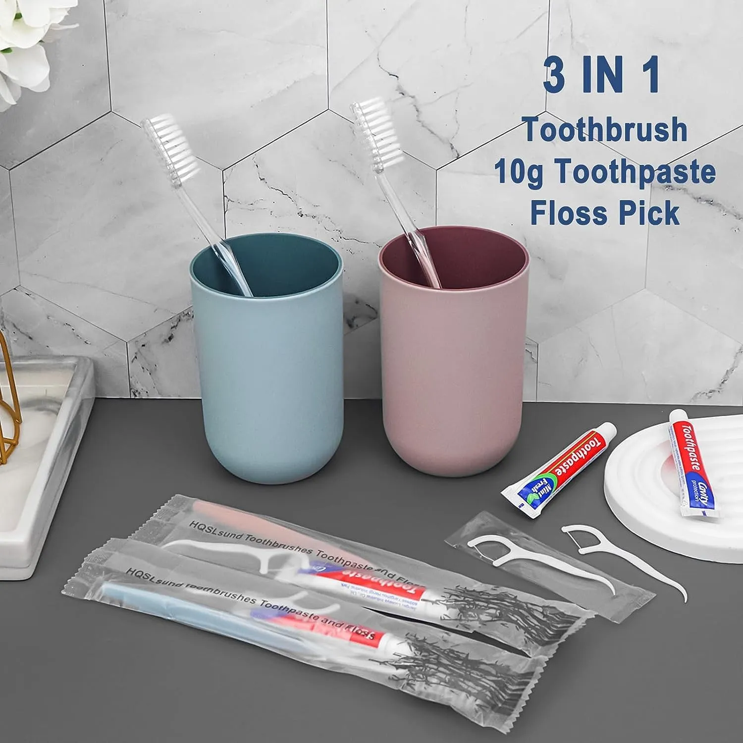 50pcs Disposable Toothbrushes with Toothpaste Floss Individually Wrapped, 2 Color Disposable Toothbrush, 10g Toothpaste, Dental Floss Pick, Bulk Toothbrush Kit for Homeless,Airbnb,Hotel