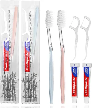 50pcs Disposable Toothbrushes with Toothpaste Floss Individually Wrapped, 2 Color Disposable Toothbrush, 10g Toothpaste, Dental Floss Pick, Bulk Toothbrush Kit for Homeless,Airbnb,Hotel