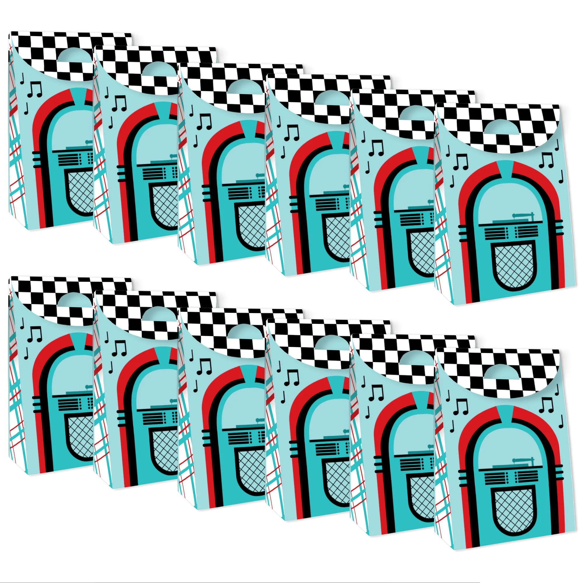 50's Sock Hop - 1950s Rock N Roll Gift Favor Bags - Party Goodie Boxes - Set of 12