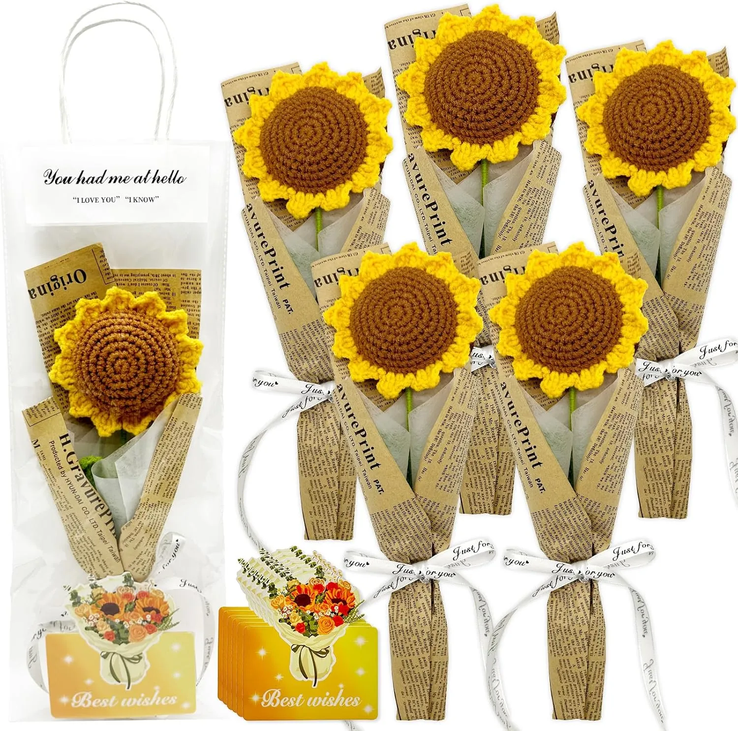 6 Pack Handmade Crochet Sunflower Bouquets with Best Wishes Cards & Gift Bags, Bulk Teacher Appreciation Gifts, Employee Recognition, End of Year Student Gifts, Unique Handcrafted Floral Decor