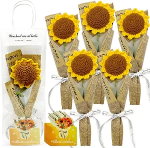 6 Pack Handmade Crochet Sunflower Bouquets with Best Wishes Cards & Gift Bags, Bulk Teacher Appreciation Gifts, Employee Recognition, End of Year Student Gifts, Unique Handcrafted Floral Decor
