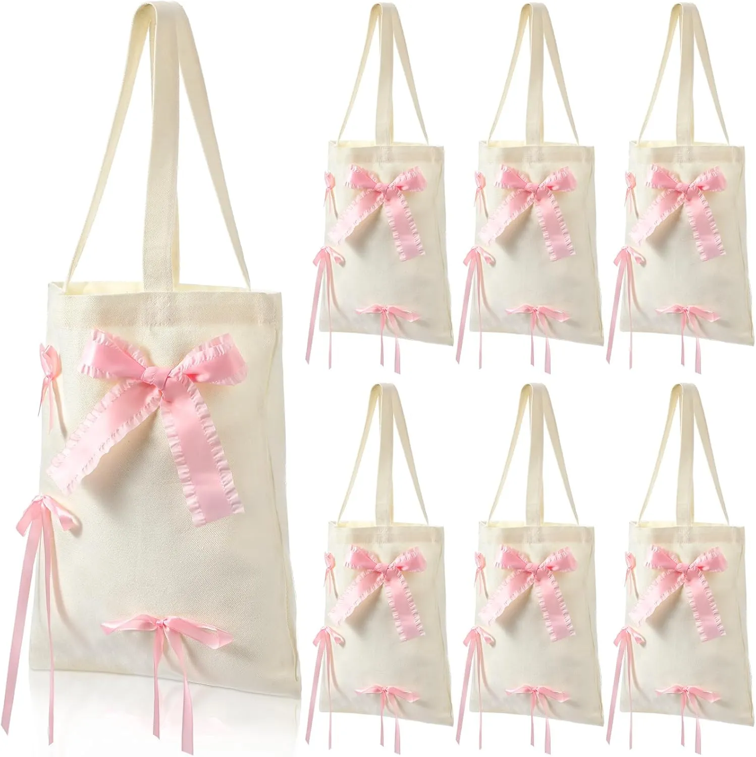 6 Pcs Pink Bow Canvas Bags Coquette Pink Bow Tote Bags Reusable Grocery Shopping Packages Gifts for Wedding Birthday Baby Shower Party Supplies