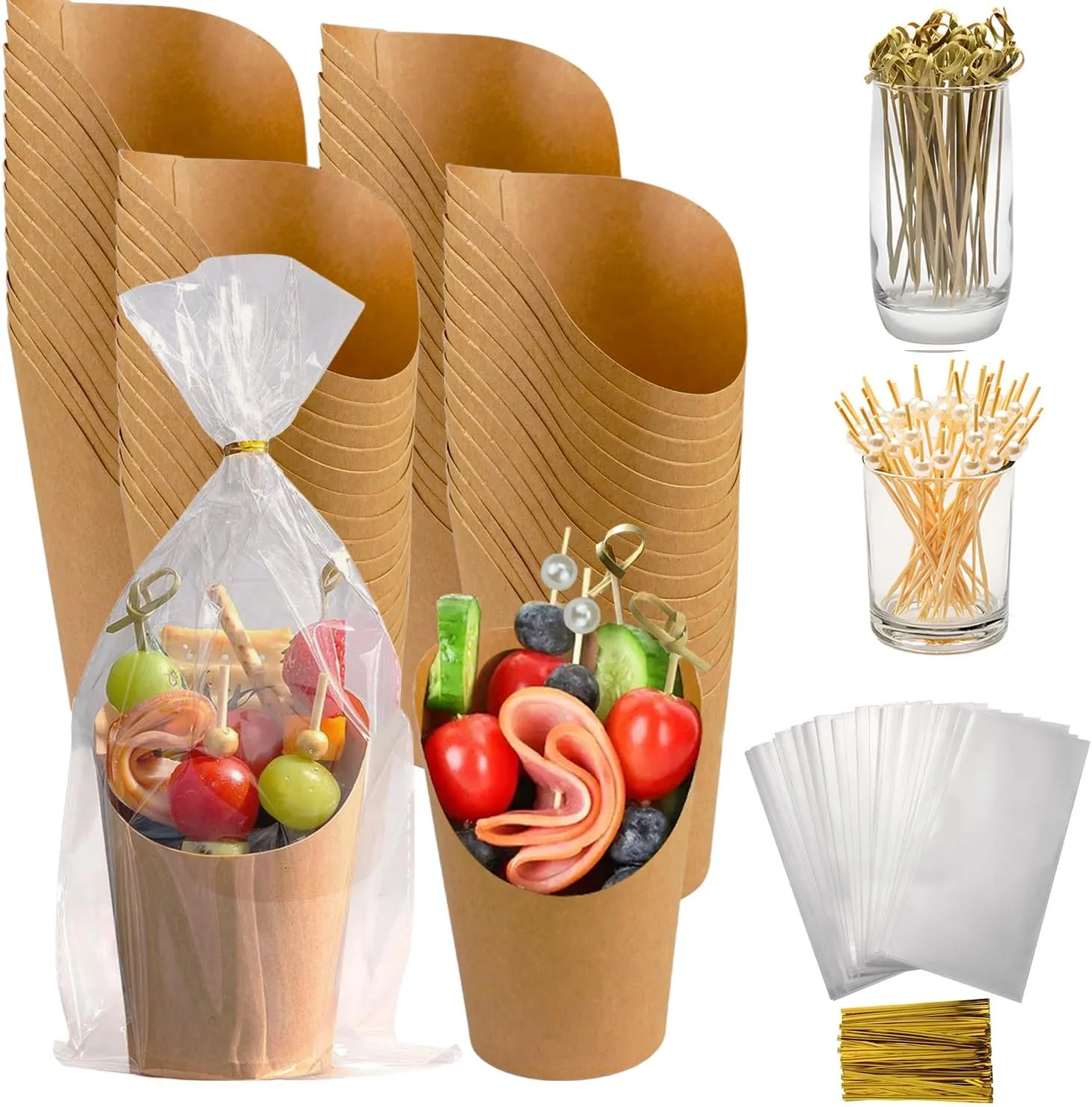 60Sets Charcuterie Cups with Sticks 14oz Disposable French Fry Holder with 60 Portable Clear Bags 200 Cocktail Picks 60 Labels Kraft Paper Appetizer Cups for Christmas Birthday Individual Party