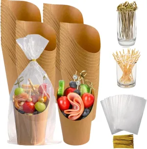 60Sets Charcuterie Cups with Sticks 14oz Disposable French Fry Holder with 60 Portable Clear Bags 200 Cocktail Picks 60 Labels Kraft Paper Appetizer Cups for Christmas Birthday Individual Party