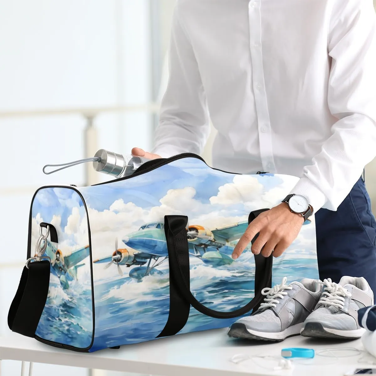 Aircraft Pattern Travel Duffle Bag, Sports Gym Bags for Women Men, Carry On Weekender Overnight Workout Airplane Trips Bag