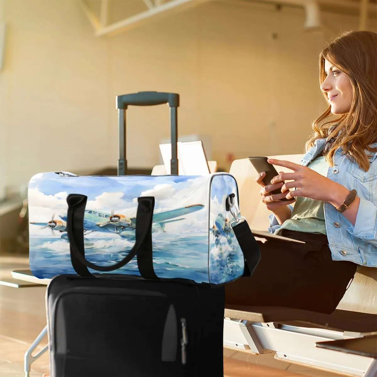 Aircraft Pattern Travel Duffle Bag, Sports Gym Bags for Women Men, Carry On Weekender Overnight Workout Airplane Trips Bag