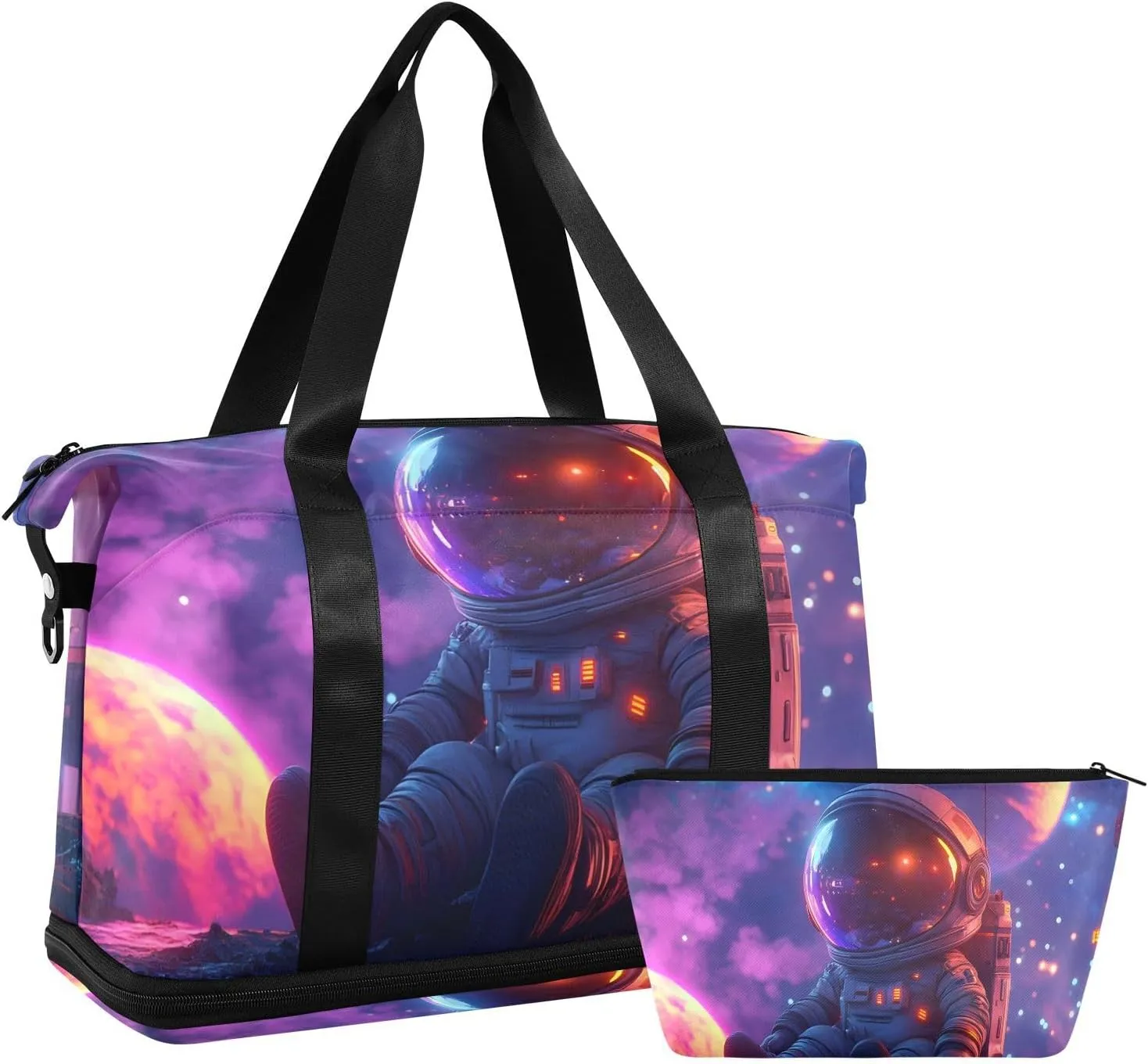 AIXIWAWA Cute Astronaut Duffel Bags Set with Shoes Compartment Trolley Sleeve Removeable Strap for Workout Travel Gym