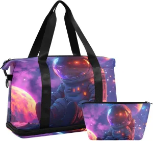 AIXIWAWA Cute Astronaut Duffel Bags Set with Shoes Compartment Trolley Sleeve Removeable Strap for Workout Travel Gym