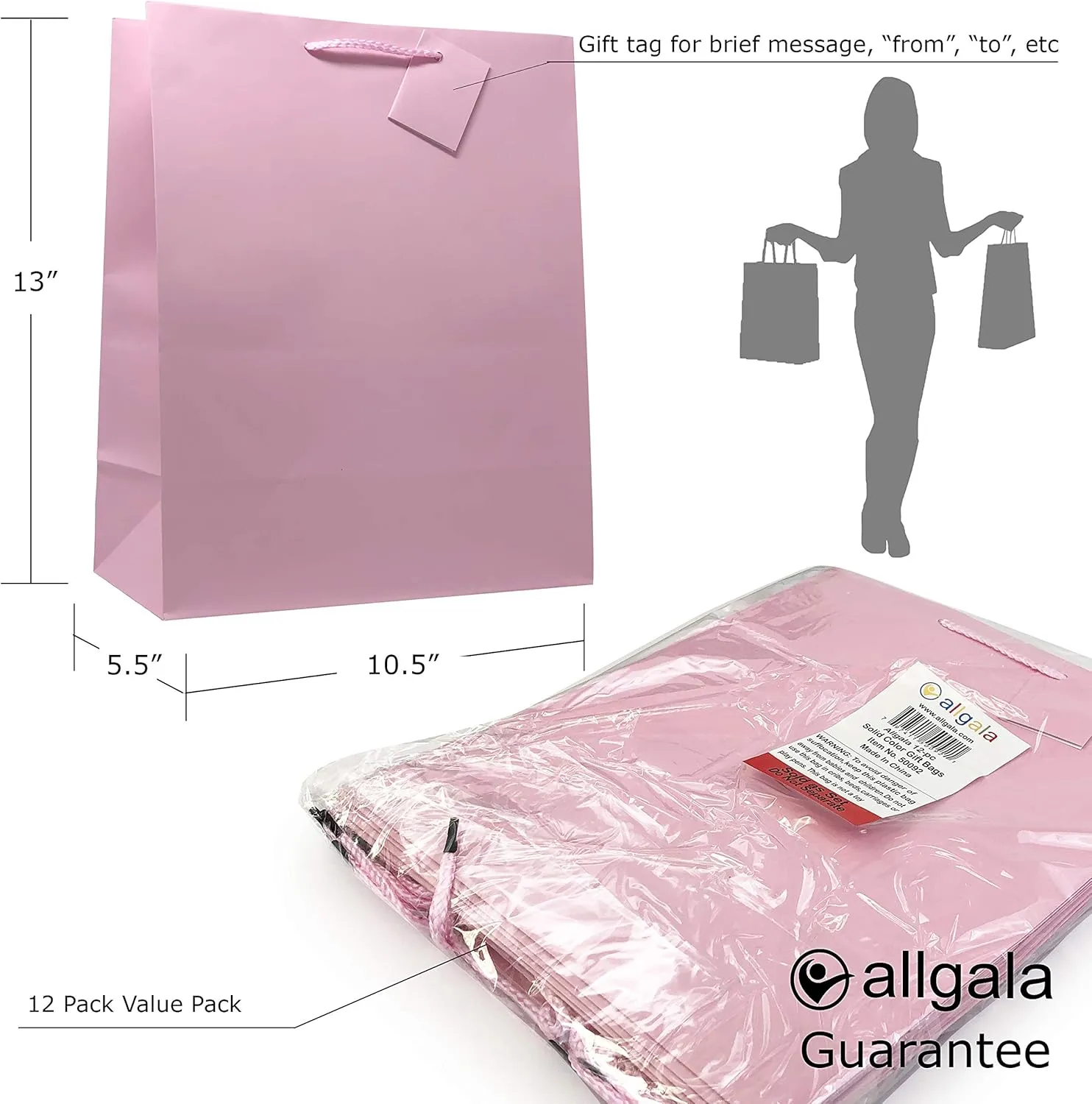 allgala Gift Bags, 12 Pack 13x10x5.5 Inch Large Pink Gift Bags with Handles for Birthday, Wedding, Party Supplies, Baby Shower, Holidays, Chirstmas