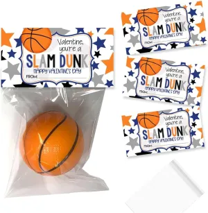 Amanda Creation You're A Slam Dunk Basketball Themed Happy Valentine's Day Bag Toppers for Party Favor Treat Bags, Set of 20 Bag Toppers With 20 Self-Adhesive Bags Also Included