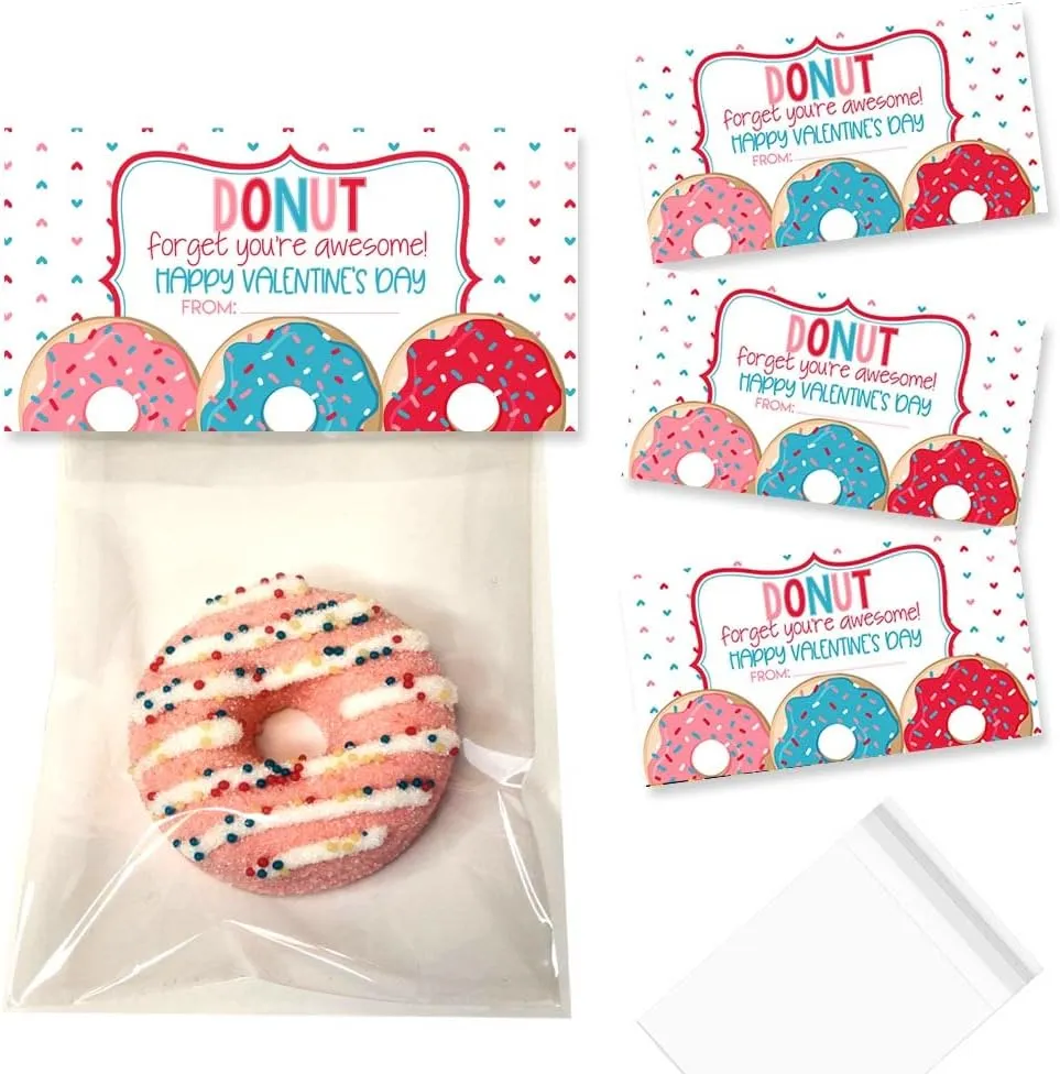 Amanda Creation You're Awesome Donut Themed Happy Valentine's Day Bag Toppers for Party Favor Treat Bags, Set of 20 Bag Toppers With 20 Self-Adhesive Bags Also Included