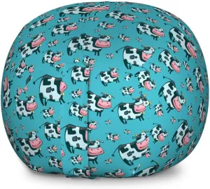 Ambesonne Cattle Storage Toy Bag Chair, Doodle Multiple Cows with Bells Continuous Pattern on Blue Background Print, Stuffed Animal Organizer Washable Bag, Large Size, Multicolor