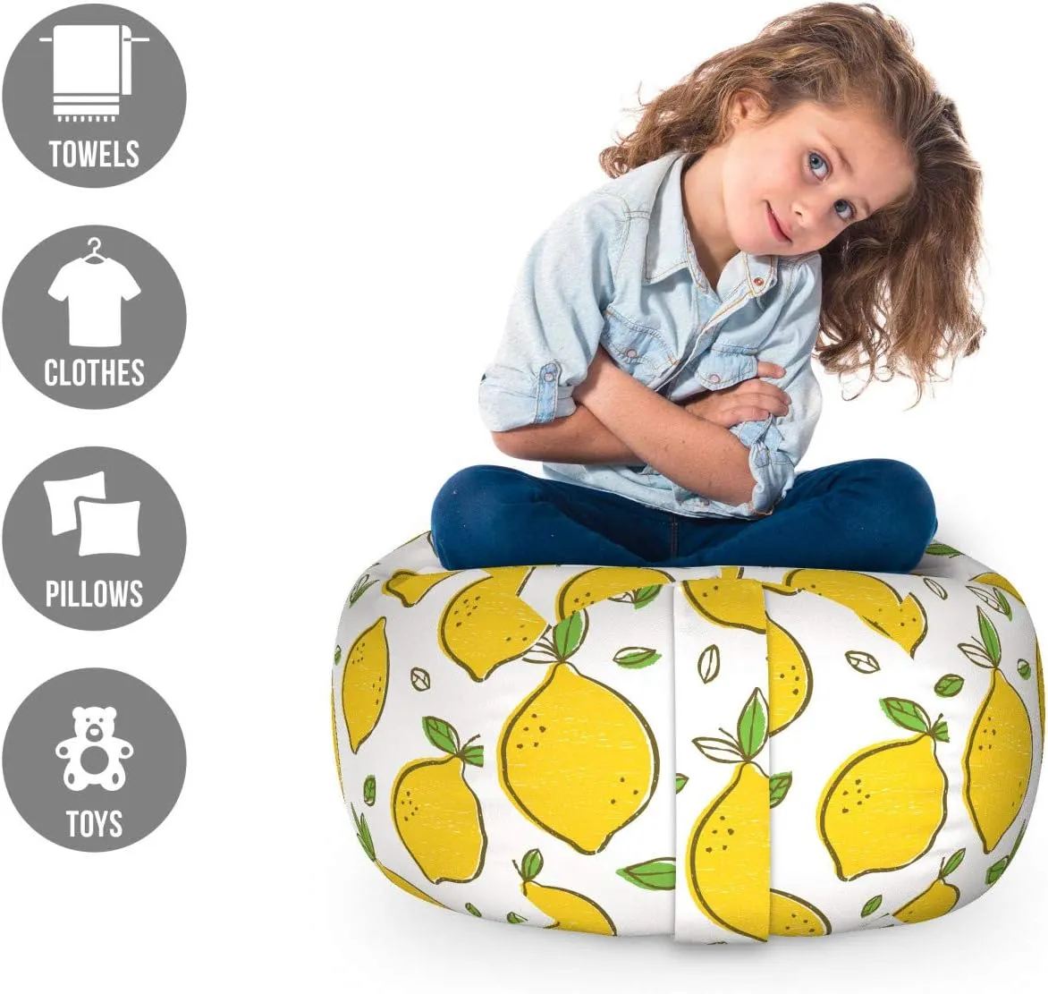 Ambesonne Lemons Storage Toy Bag Chair, Continuous Citrus Fruits Leaves Refreshing Cartoon Pattern, Stuffed Animal Organizer Washable Bag, Small Size, Lime Green Earth Yellow