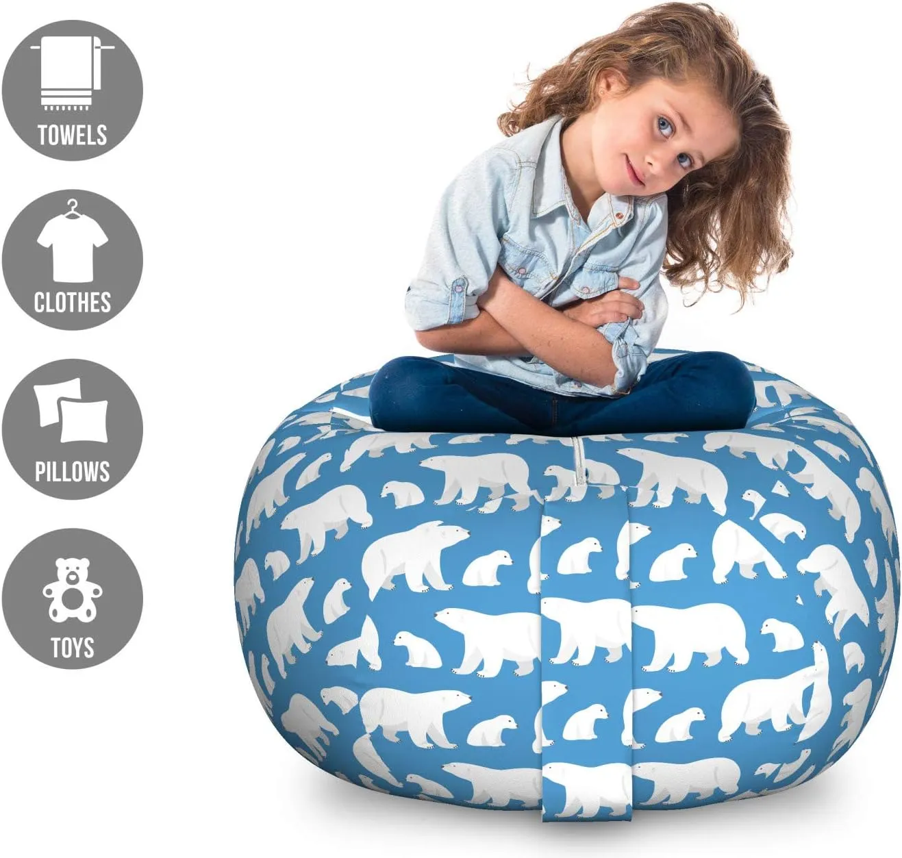 Ambesonne Polar Bear Storage Toy Bag Chair, Bear Family Carnivore Nordic Mammals Cold Lands Wild Happy Character, Stuffed Animal Organizer Washable Bag, Large Size, Pale Blue White