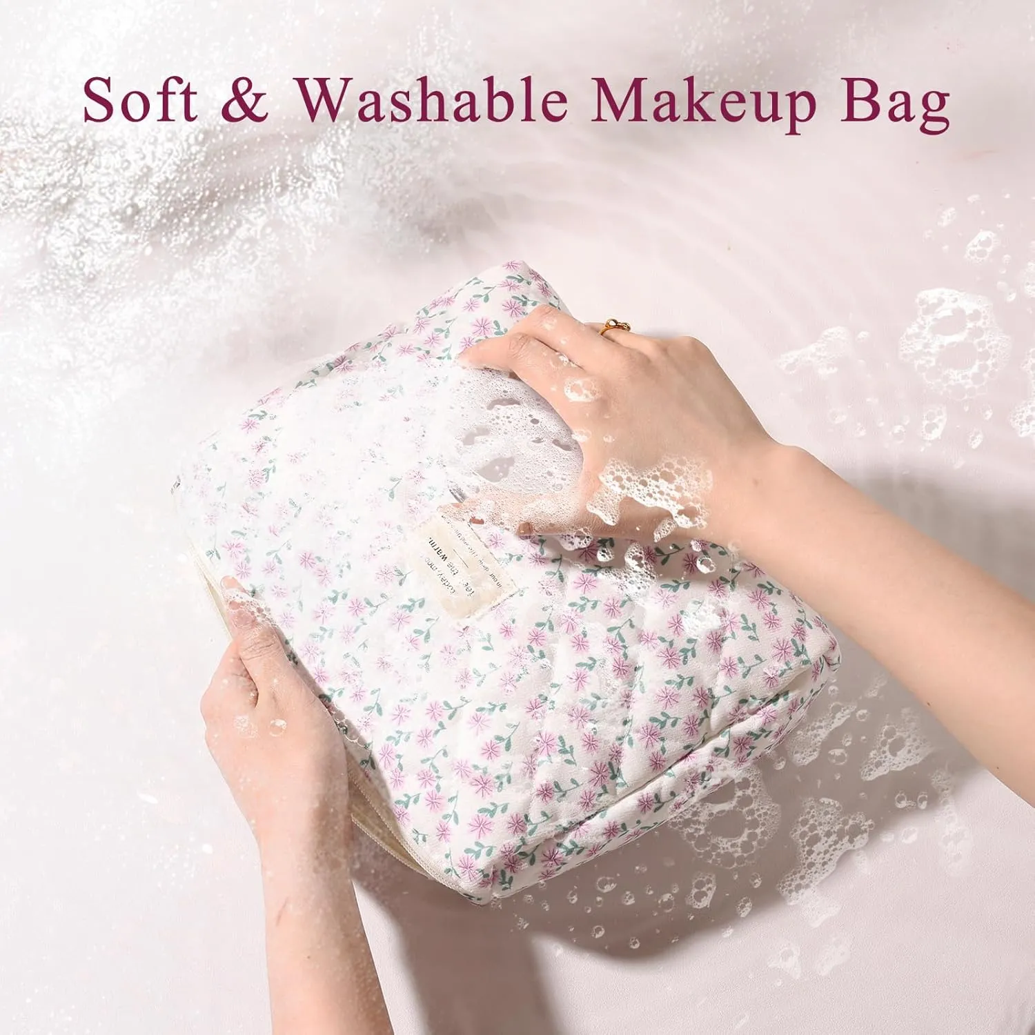Anfly 3PCS Quilted Makeup Bag, Cotton Makeup Bag Set, Cute Purple Quilted Cosmetic Bag for Women, Large Travel Cosmetic Organizer, Makeup Organize