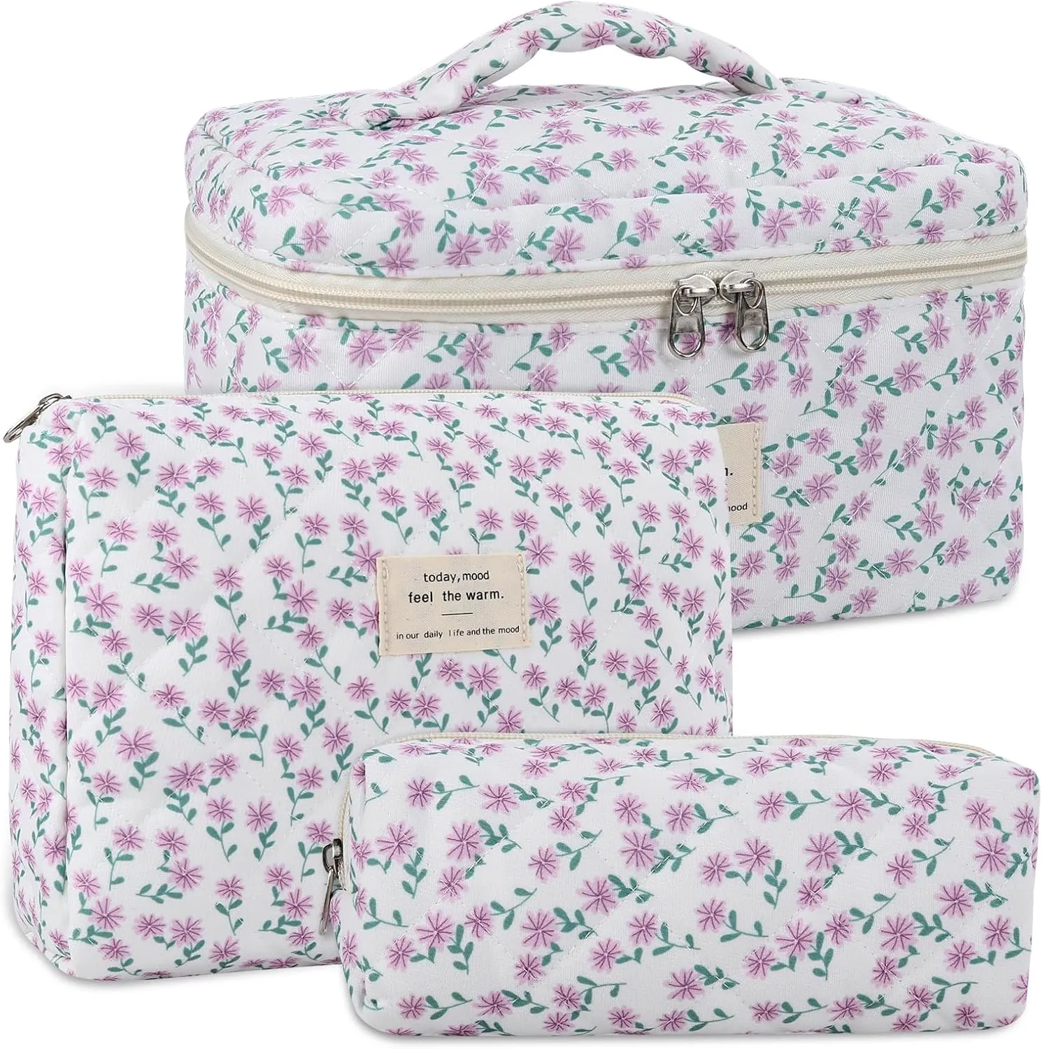 Anfly 3PCS Quilted Makeup Bag, Cotton Makeup Bag Set, Cute Purple Quilted Cosmetic Bag for Women, Large Travel Cosmetic Organizer, Makeup Organize