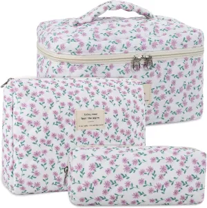Anfly 3PCS Quilted Makeup Bag, Cotton Makeup Bag Set, Cute Purple Quilted Cosmetic Bag for Women, Large Travel Cosmetic Organizer, Makeup Organize