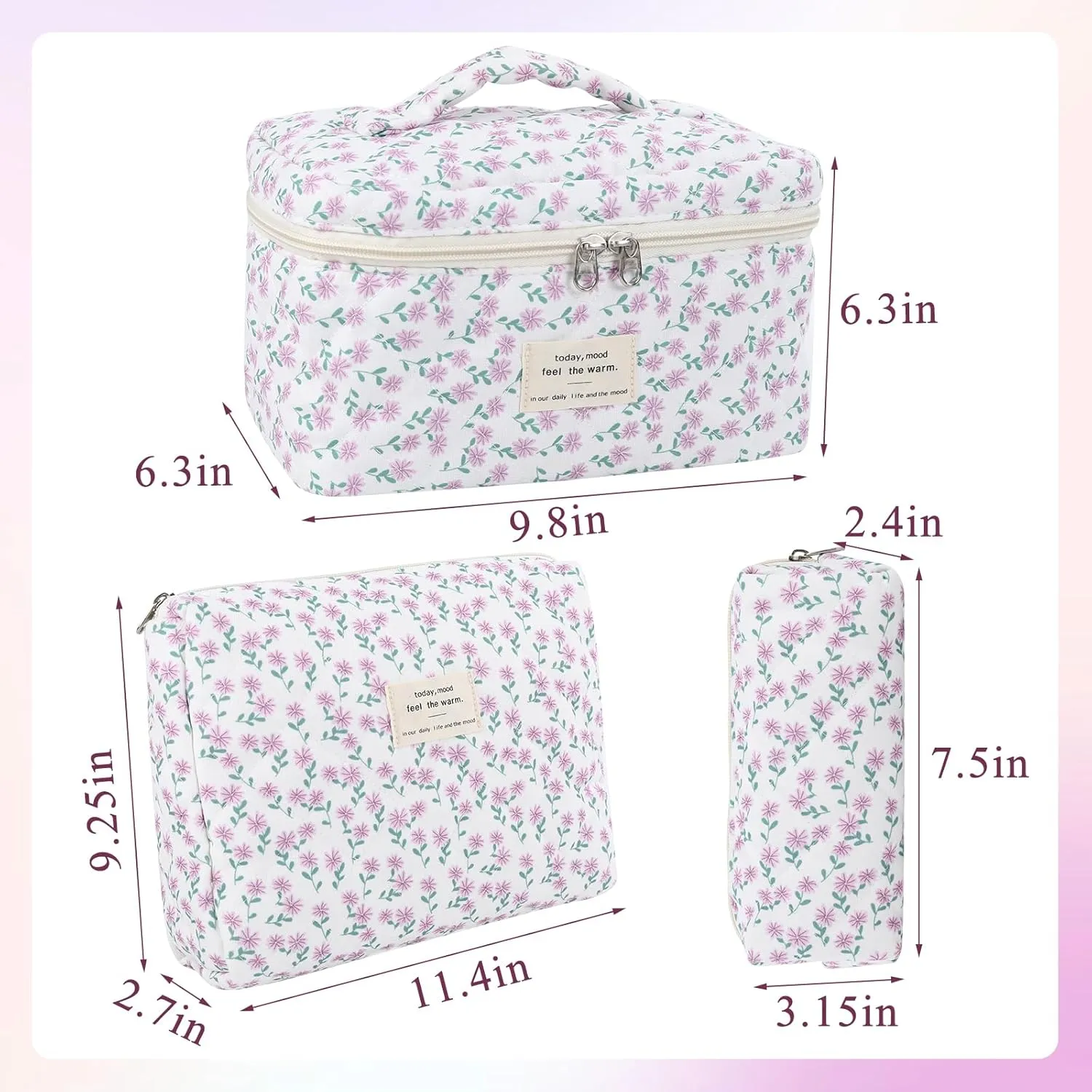 Anfly 3PCS Quilted Makeup Bag, Cotton Makeup Bag Set, Cute Purple Quilted Cosmetic Bag for Women, Large Travel Cosmetic Organizer, Makeup Organize