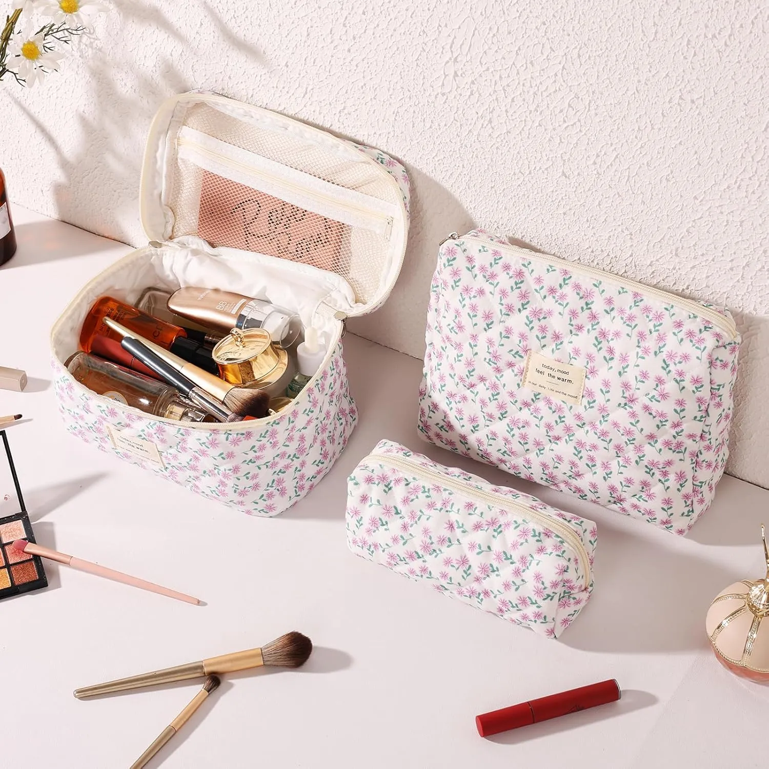 Anfly 3PCS Quilted Makeup Bag, Cotton Makeup Bag Set, Cute Purple Quilted Cosmetic Bag for Women, Large Travel Cosmetic Organizer, Makeup Organize