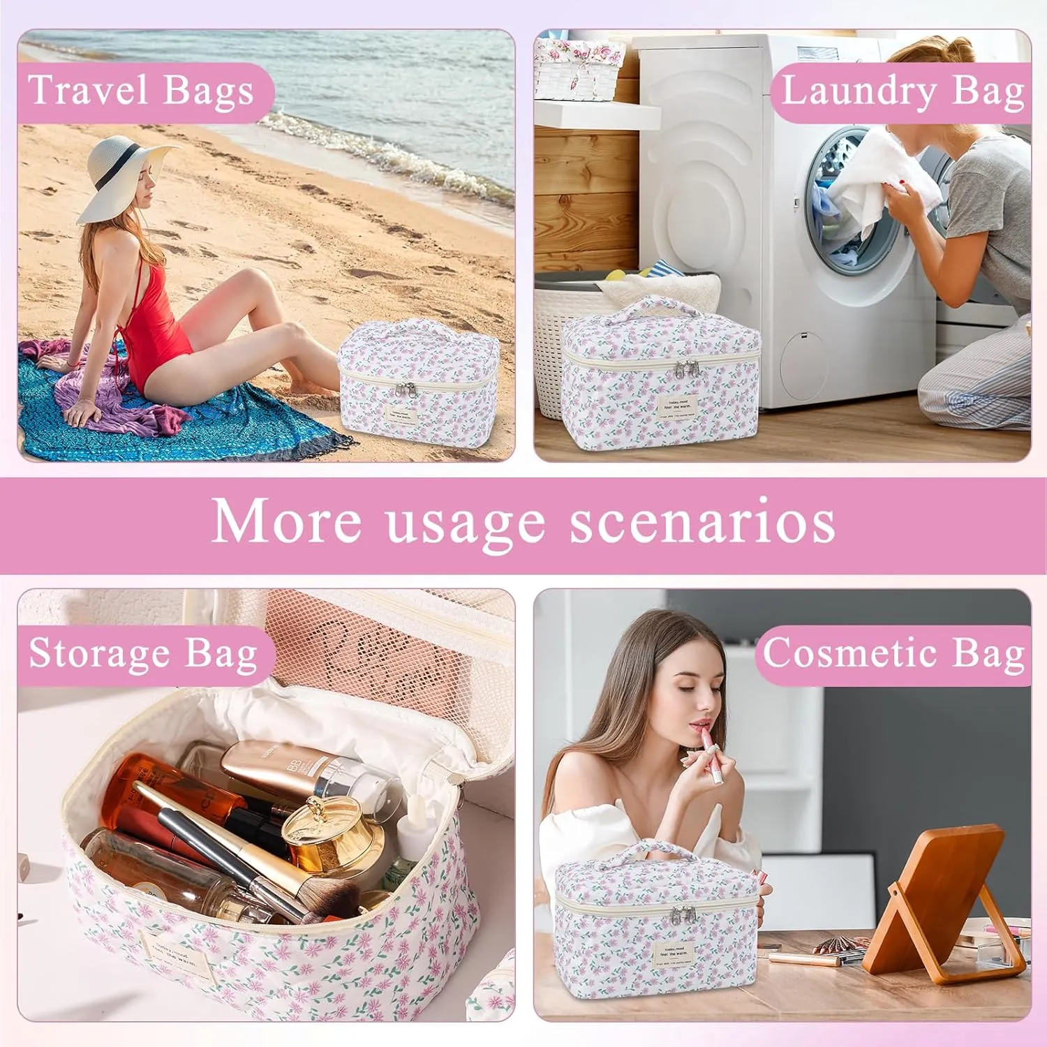 Anfly 3PCS Quilted Makeup Bag, Cotton Makeup Bag Set, Cute Purple Quilted Cosmetic Bag for Women, Large Travel Cosmetic Organizer, Makeup Organize