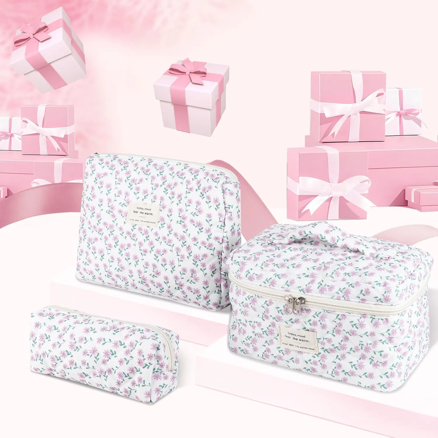 Anfly 3PCS Quilted Makeup Bag, Cotton Makeup Bag Set, Cute Purple Quilted Cosmetic Bag for Women, Large Travel Cosmetic Organizer, Makeup Organize