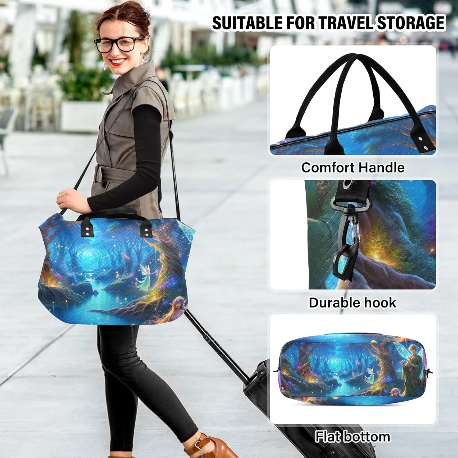 Animated Magic Forest Quilted Duffel Bags with Toiletry Bag Travel Bag with Trolley Sleeve Workout Bags for Gym Men Womens Overnight Bag Weekender