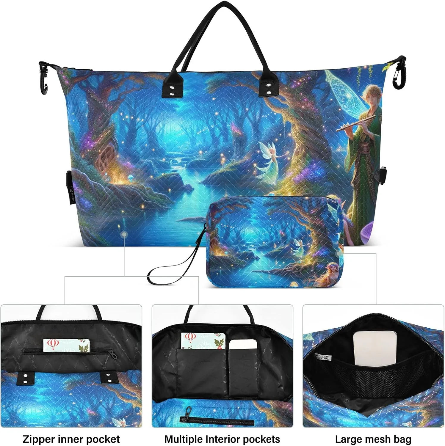 Animated Magic Forest Quilted Duffel Bags with Toiletry Bag Travel Bag with Trolley Sleeve Workout Bags for Gym Men Womens Overnight Bag Weekender