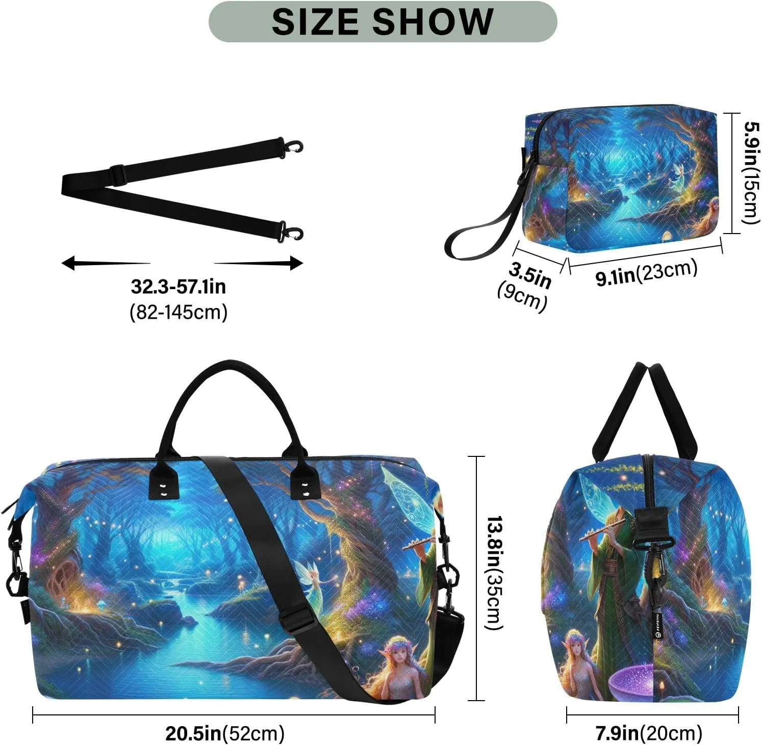 Animated Magic Forest Quilted Duffel Bags with Toiletry Bag Travel Bag with Trolley Sleeve Workout Bags for Gym Men Womens Overnight Bag Weekender
