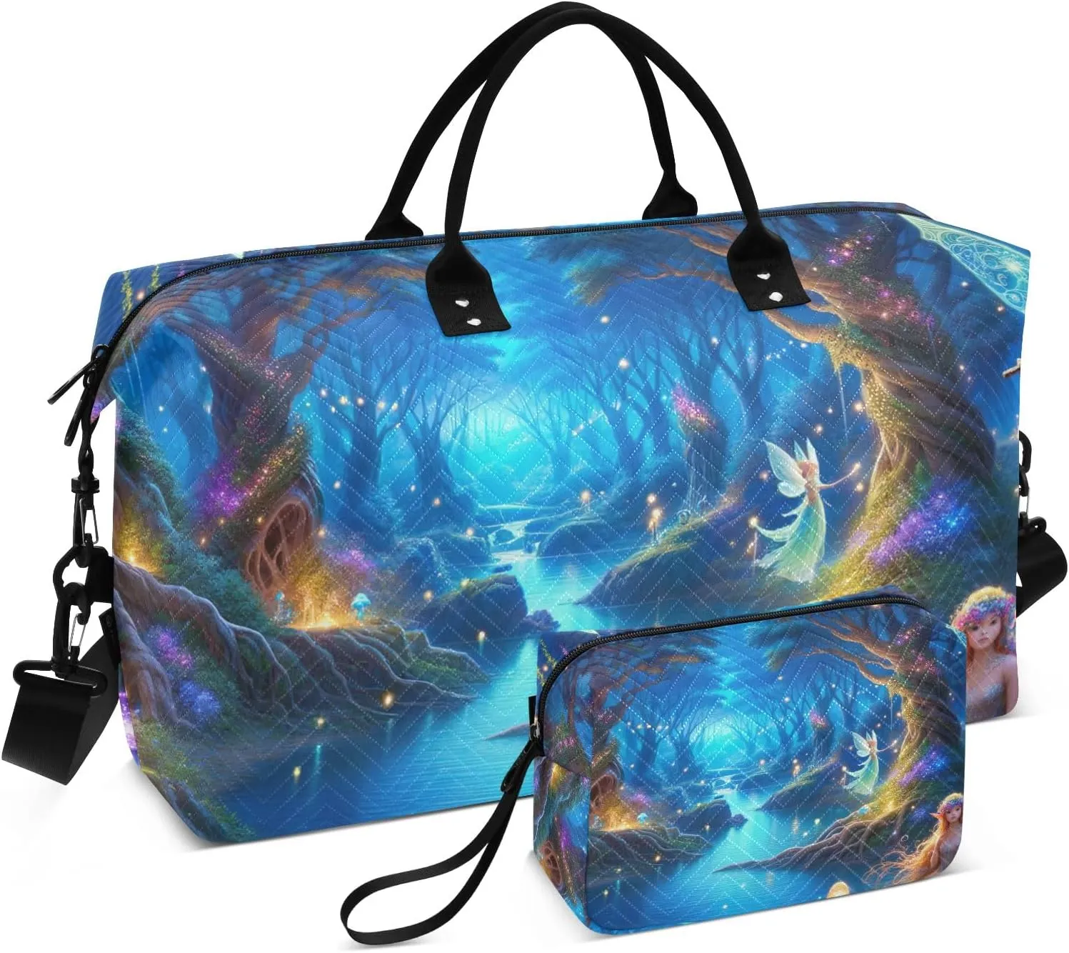 Animated Magic Forest Quilted Duffel Bags with Toiletry Bag Travel Bag with Trolley Sleeve Workout Bags for Gym Men Womens Overnight Bag Weekender