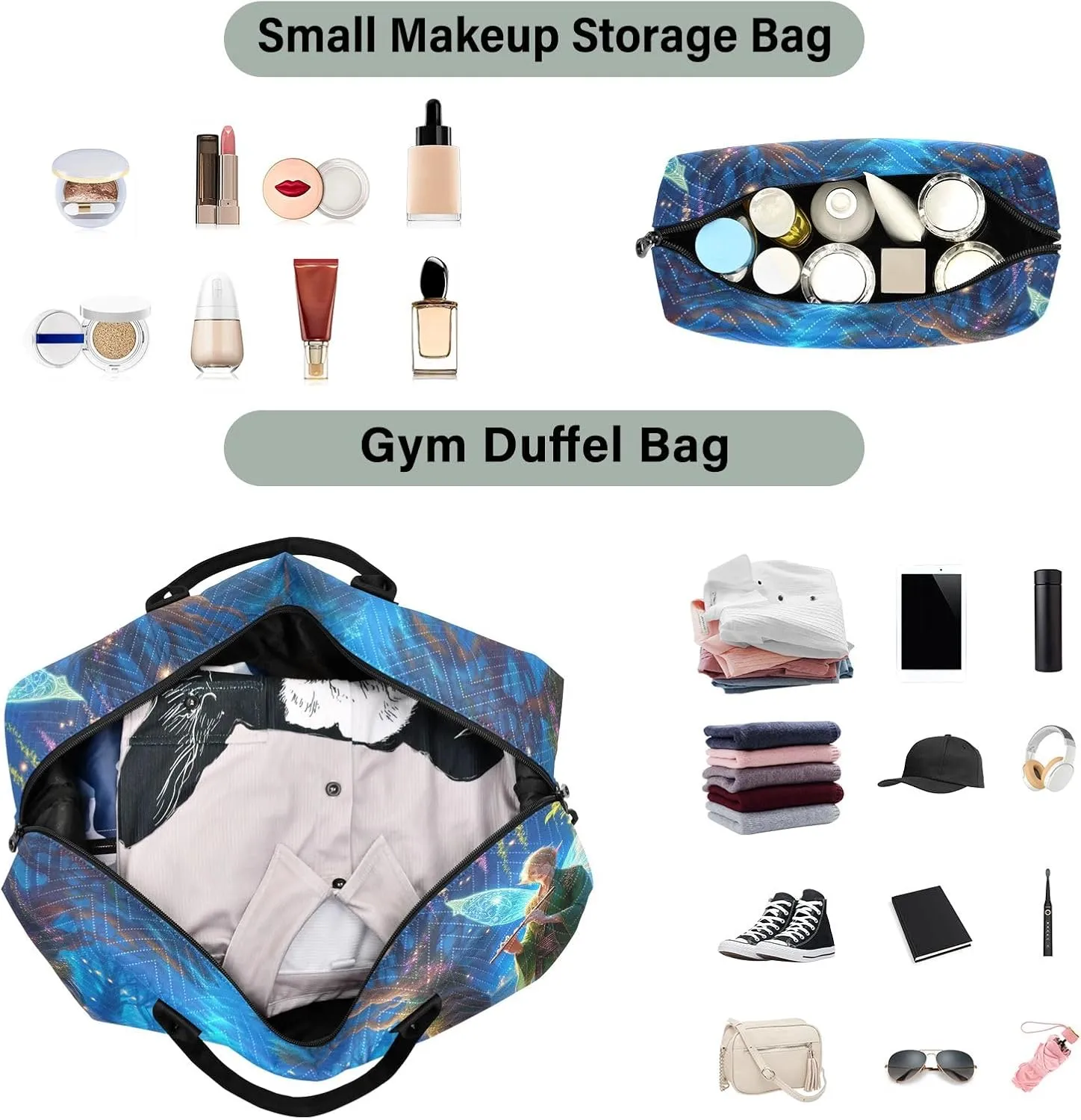 Animated Magic Forest Quilted Duffel Bags with Toiletry Bag Travel Bag with Trolley Sleeve Workout Bags for Gym Men Womens Overnight Bag Weekender