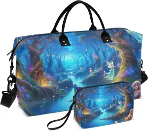 Animated Magic Forest Quilted Duffel Bags with Toiletry Bag Travel Bag with Trolley Sleeve Workout Bags for Gym Men Womens Overnight Bag Weekender