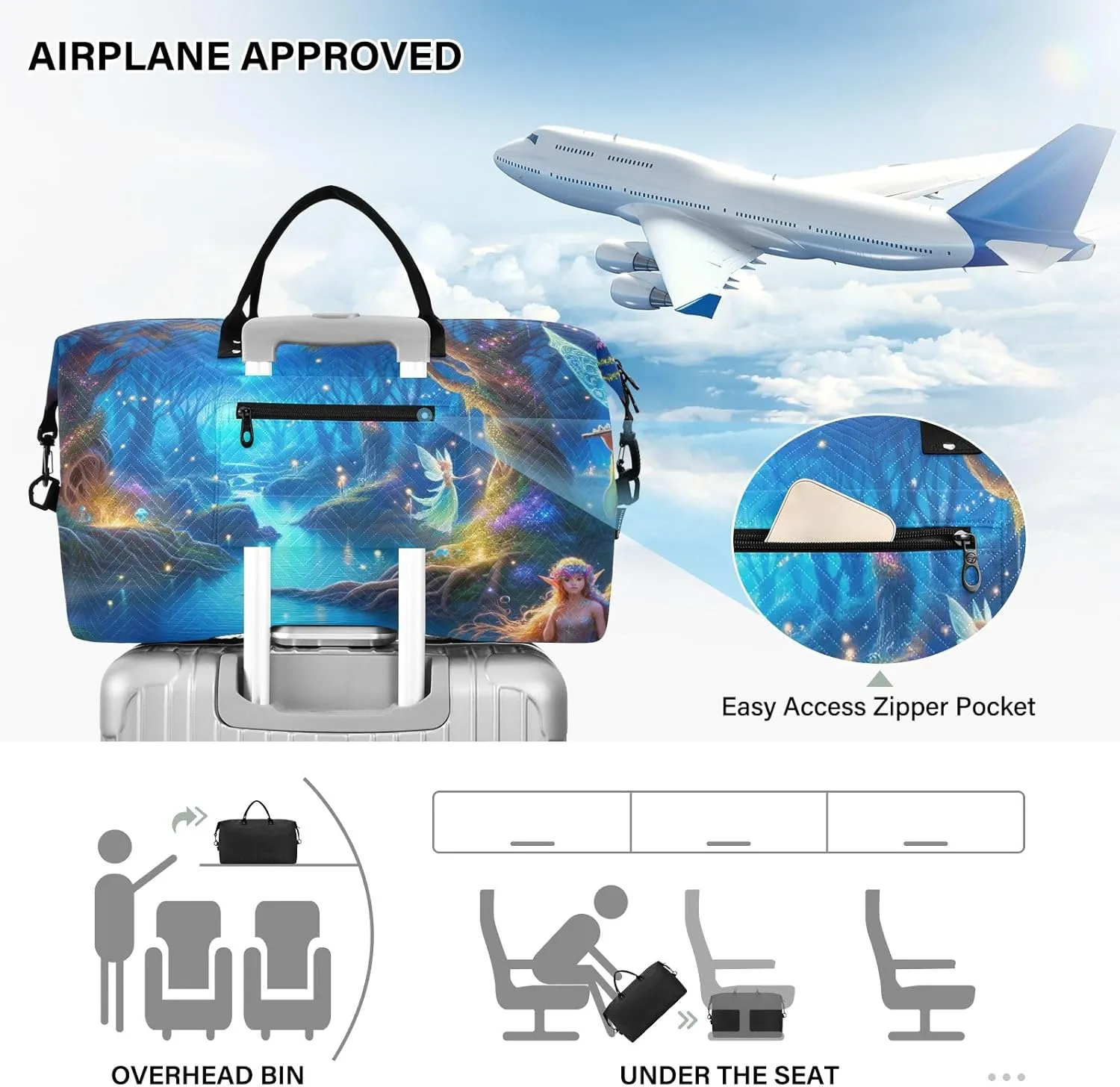Animated Magic Forest Quilted Duffel Bags with Toiletry Bag Travel Bag with Trolley Sleeve Workout Bags for Gym Men Womens Overnight Bag Weekender