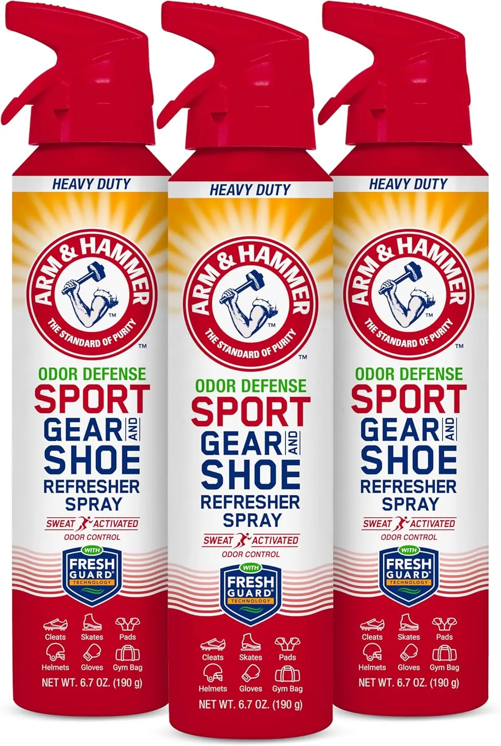 Arm & Hammer™ Sport Gear & Shoe Refresher Spray, Heavy Duty Odor Defense for Sports Gear and Footwear, Deodorizer for Gym Bags, Boxing Gloves, Hockey Equipment, and Football Pads (6.7 oz) (3 pack)