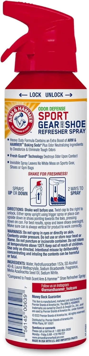 Arm & Hammer™ Sport Gear & Shoe Refresher Spray, Heavy Duty Odor Defense for Sports Gear and Footwear, Deodorizer for Gym Bags, Boxing Gloves, Hockey Equipment, and Football Pads (6.7 oz) (3 pack)
