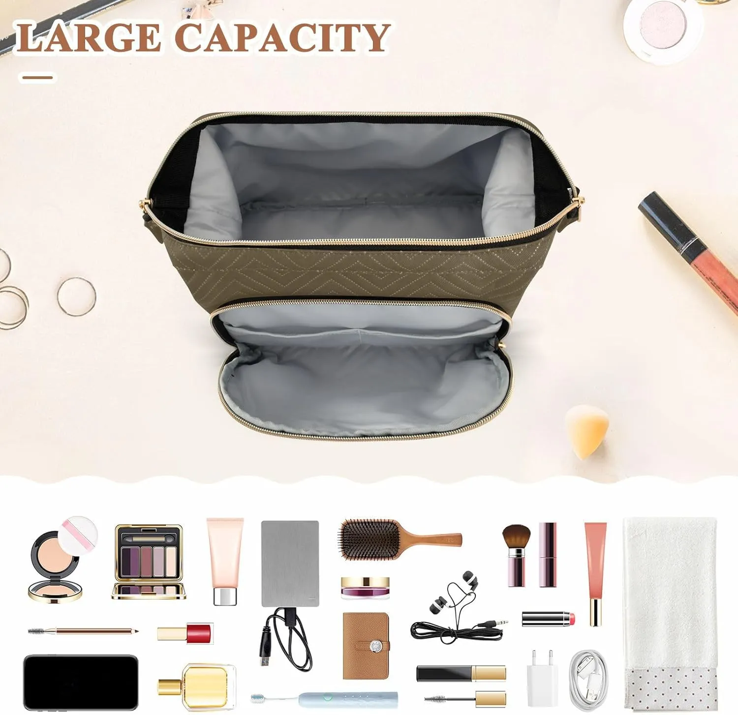 Ash Brown Makeup Bag Travel Toiletry Bag Cute Cosmetic Bag Pouch Make Up Bags Small Makeup Box Case Skincare Bag Organizer for Women Men Purse Adults Trip Sports Toiletries