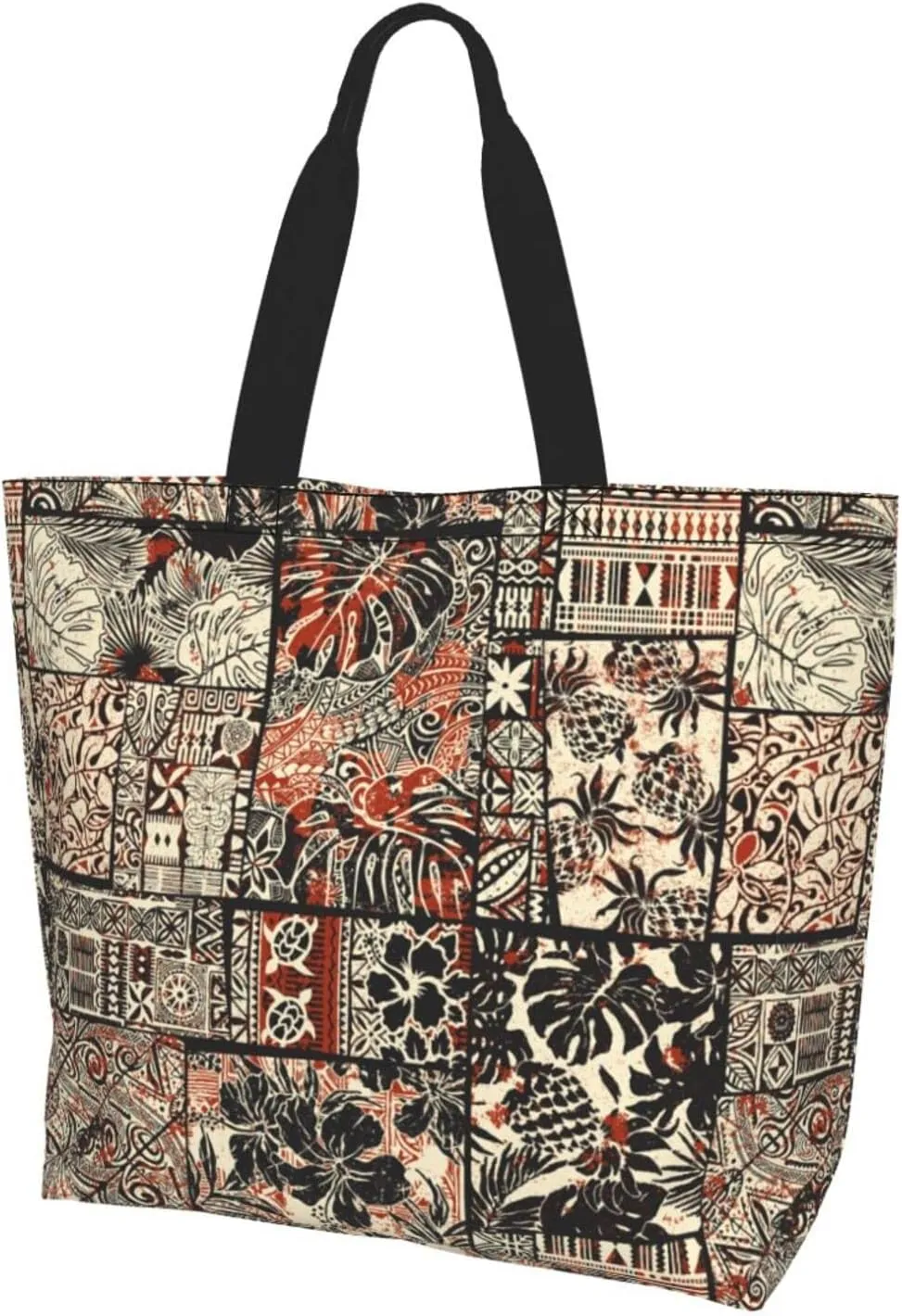 ASYG Hawaiian Flower Tote Shoulder Bag Tribe Pattern Grocery Bags Storage Handle Shopping Bag