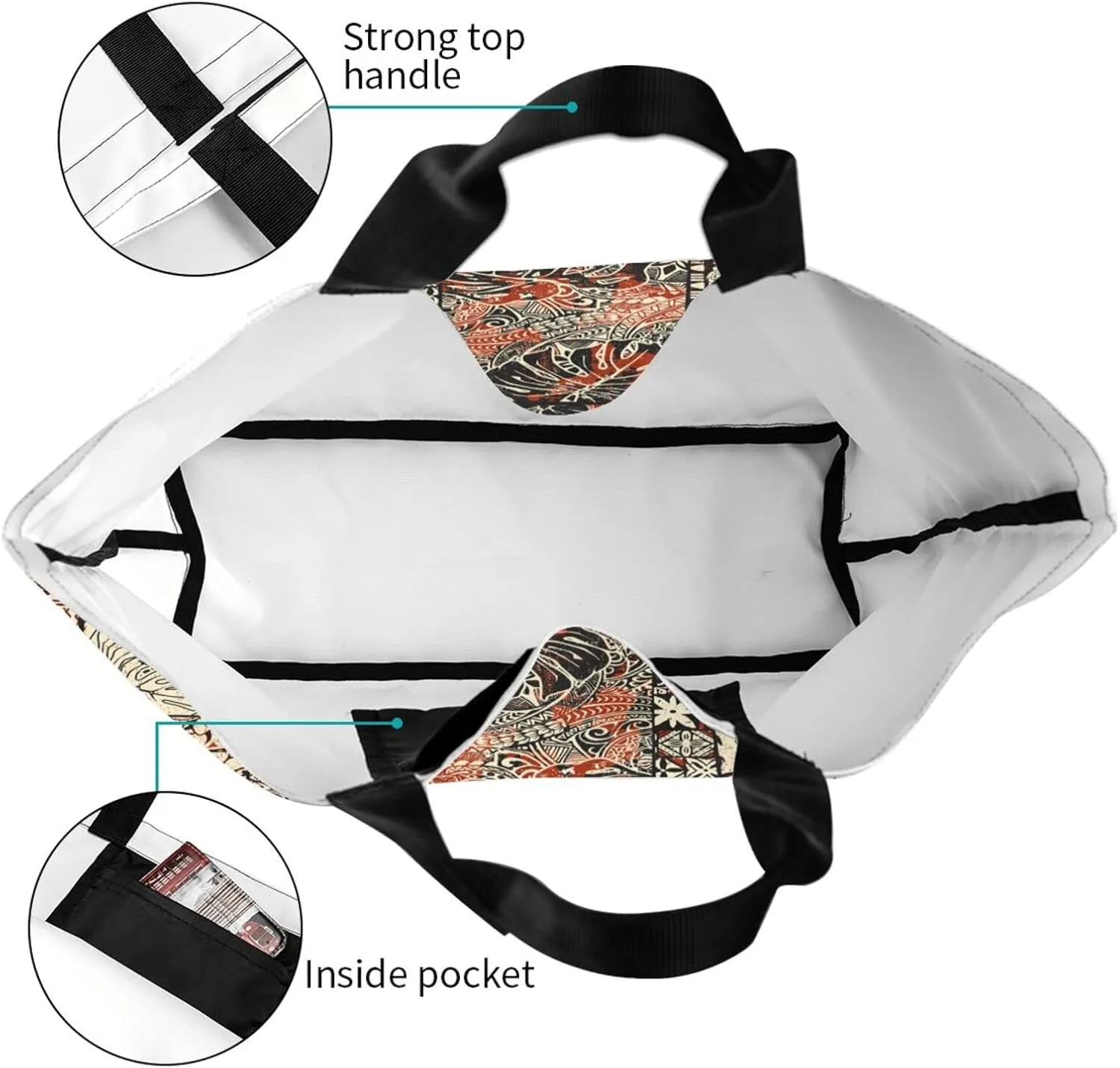 ASYG Hawaiian Flower Tote Shoulder Bag Tribe Pattern Grocery Bags Storage Handle Shopping Bag