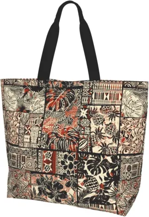 ASYG Hawaiian Flower Tote Shoulder Bag Tribe Pattern Grocery Bags Storage Handle Shopping Bag